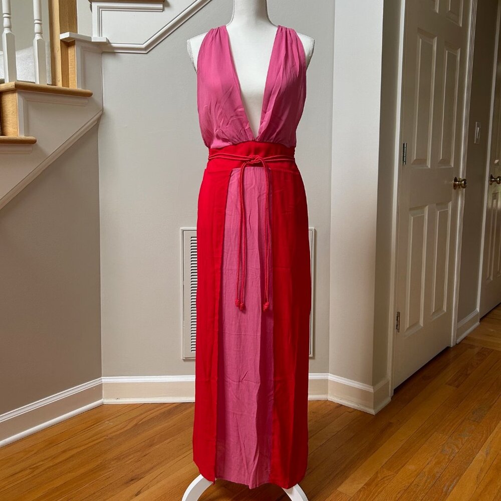 VIX Solid Brigite Long Cover Up Dress Red Colorblock Size Medium NWT